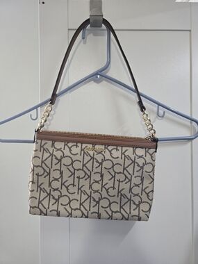 Calvin KLEIN Beige Logo Shoulder Bag with Brown Trim and Gold Chain